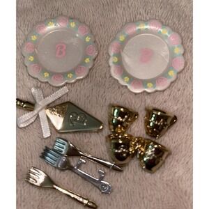 Vintage 1990s Barbie Mattel Wedding Plates Cups Serving Spatula And Forks